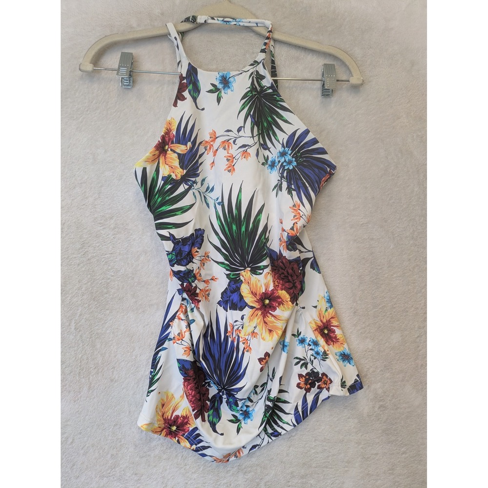 Hapari Tankini Top Women's Medium White Floral Tropical High Neck‎ Ruched Side